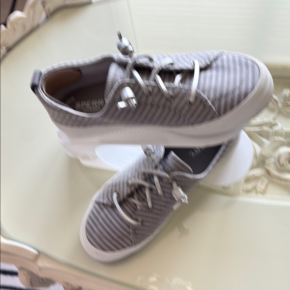 Sperry Top Siders Gray Striped Casual Sneakers with Silver Ties
